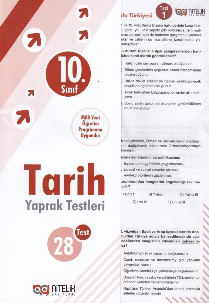 10.Sınıf Tarih Yaprak Test Nitelik Yayınları