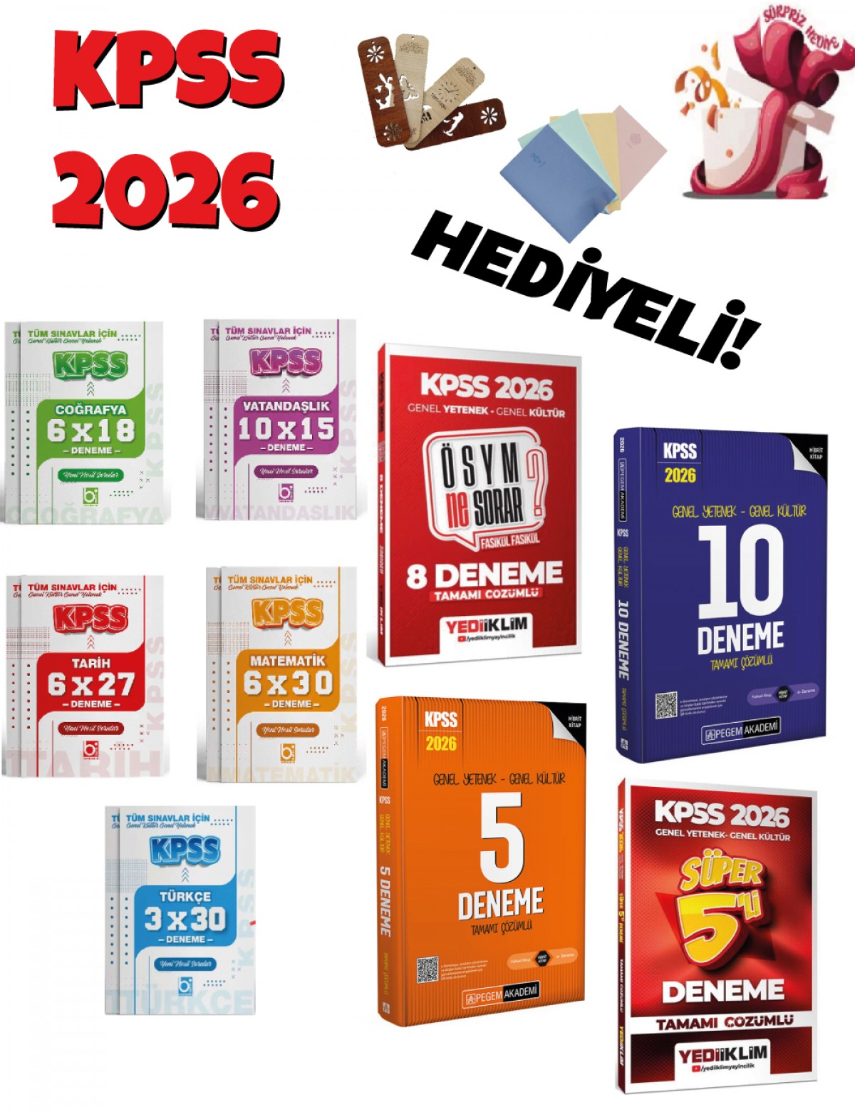 2026 KPSS Genel Yetenek Genel Kültür Deneme Seti 10 Kitap 59 Deneme Bigelio + Yediiklim + Pegem Yayınları