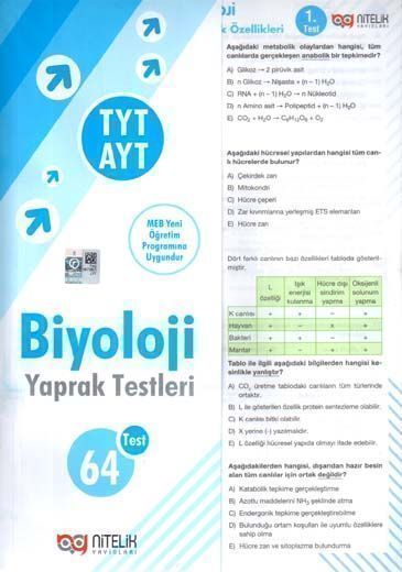 YKS AYT TYT Biyoloji Yaprak Test Nitelik Yayınları