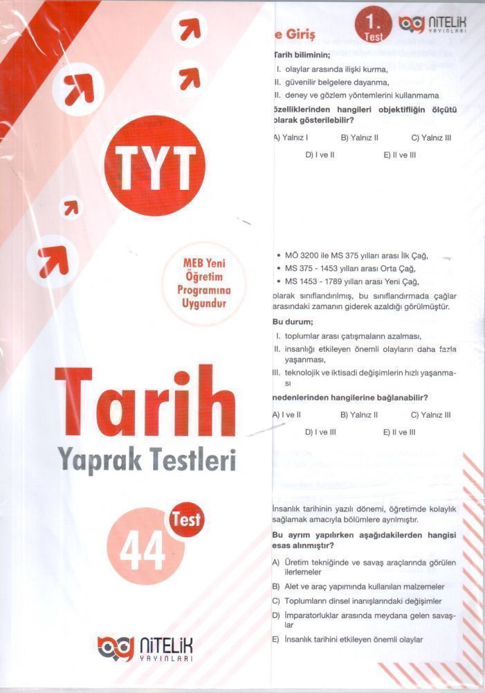YKS TYT Tarih Yaprak Test Nitelik Yayınları