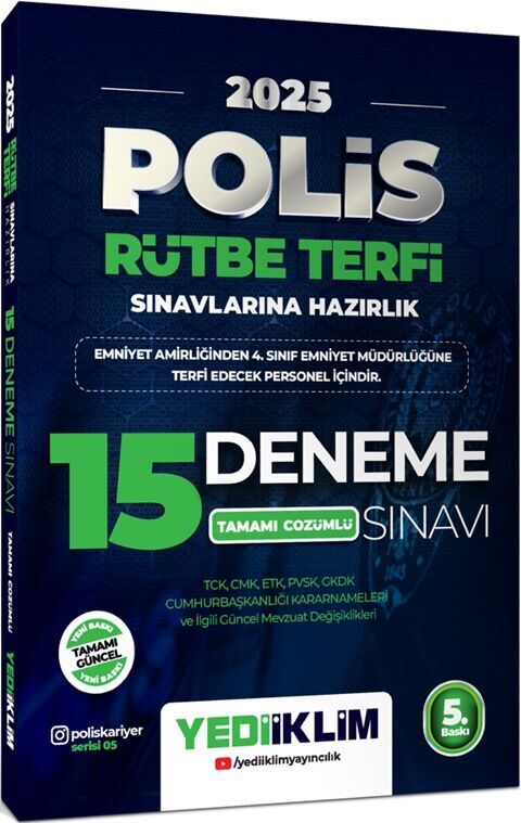 2025 Polis Rütbe Terfi Sınavlarına Hazırlık Tamamı Çözümlü 15 Deneme Sınavı Yediiklim Yayınları