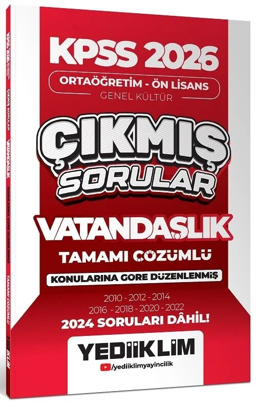 2026 KPSS Lise Ortaöğretim Ön Lisans Vatandaşlık Çıkmış Sorular Konularına Göre Çözümlü Yediiklim Yayınları