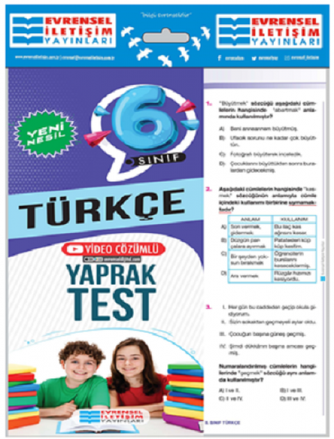 6. Sınıf Türkçe Yeni Nesil Video Çözümlü Yaprak Test Evrensel İletişim Yayınları