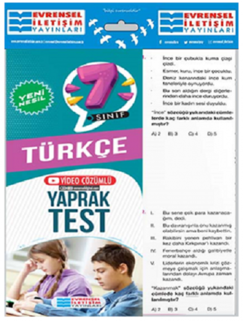 7. Sınıf Türkçe Yeni Nesil Video Çözümlü Yaprak Test Evrensel İletişim Yayınları